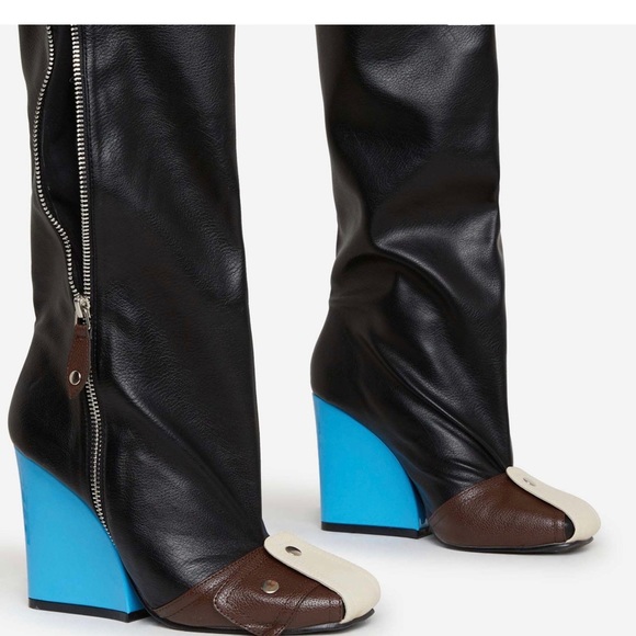 SENNA BUCKLE DETAIL SQUARE TOE BLUE WEDGE HEEL KNEE HIGH BOOT IN BLACK FAUX LEAT - Picture 3 of 12